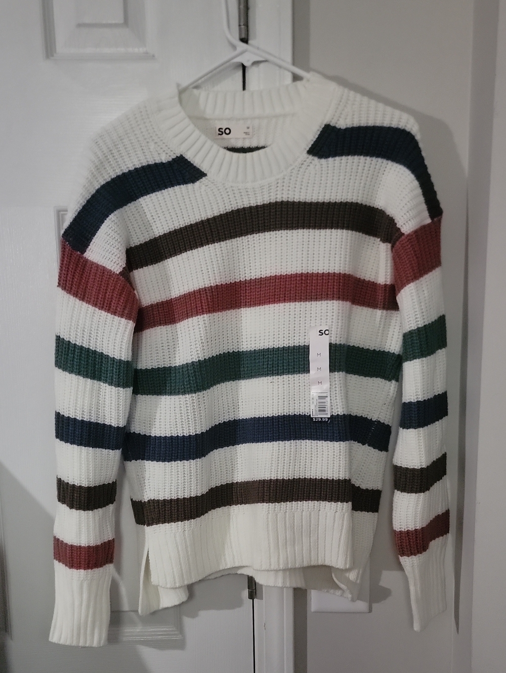SO White Crewneck Sweater with Navy, Brown, Red, and Green Stripes